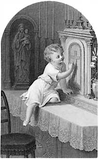 [Niño llamando a la puerta del Tabernáculo. Estampa religiosa francesa de finales del siglo XIX]